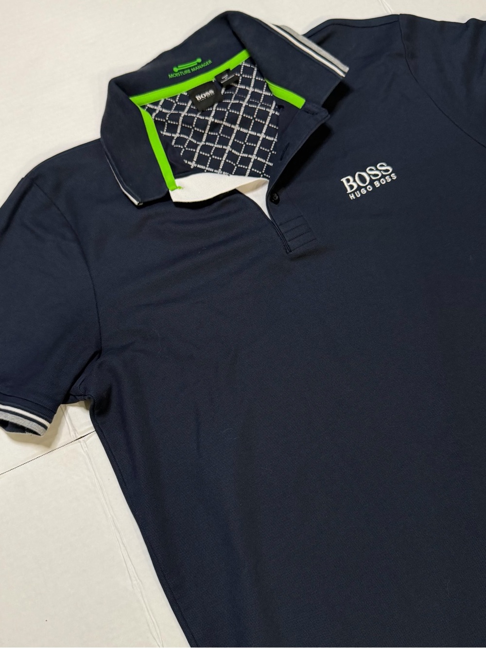 Hugo Boss Moisture Manager Polo Navy Blue Mens Size Large Logo Spell Out